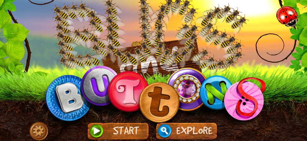 Bugs and Buttons app home screen featuring the title spelled with bees and colorful buttons on a nature background