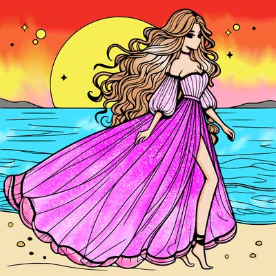 beautiful woman with a vaporous long dress walking on the beach at the noon, detailed art
