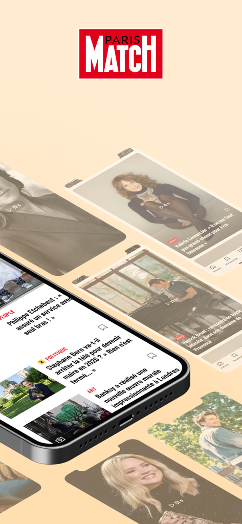 Paris Match news app interface showing celebrity and culture articles on a smartphone