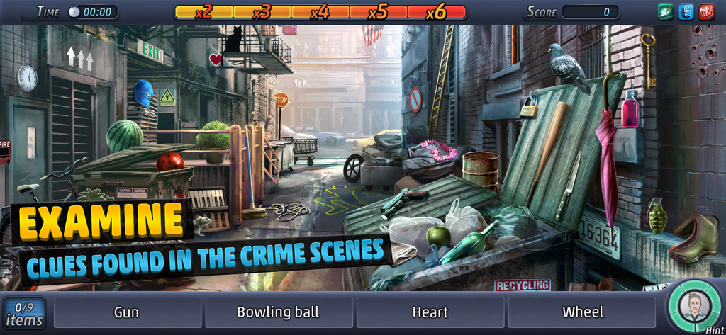 Hidden object gameplay in Criminal Case showing a crime scene investigation in a city alley