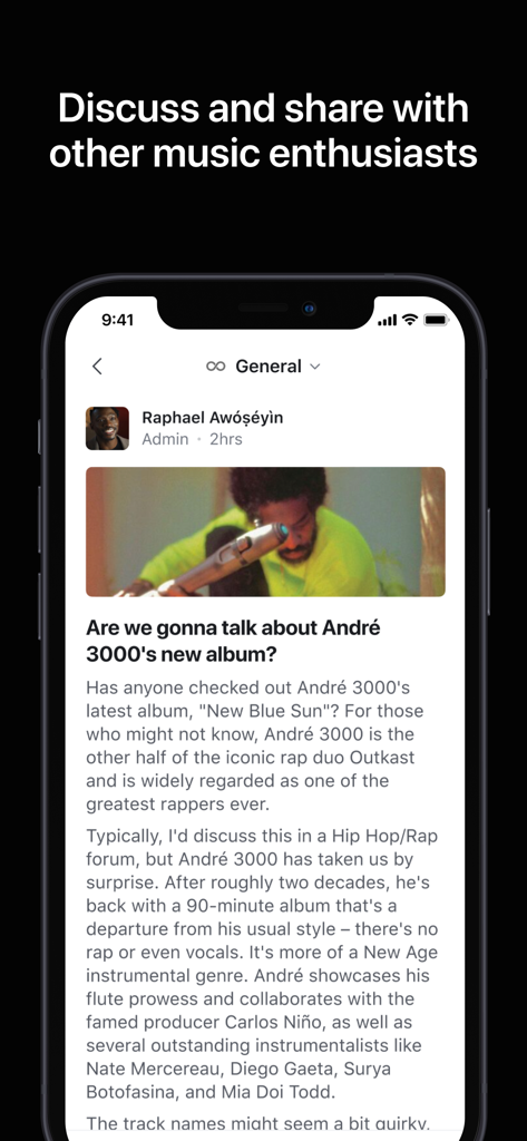 Qobuz Club - Un post della community nell'app Qobuz Club che discute il nuovo album di Andre 3000 con altri appassionati di musica.