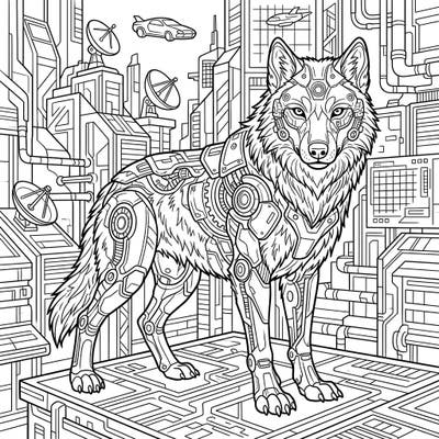 Step into a thrilling futuristic world with this unique cyberpunk gray wolf coloring page. This intricate design blends the raw power of a wolf with cutting-edge robotic enhancements and a high-tech cityscape.