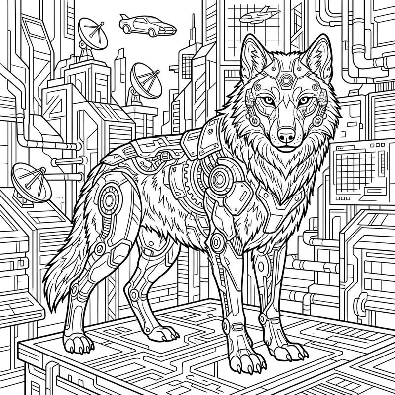 Step into a thrilling futuristic world with this unique cyberpunk gray wolf coloring page. This intricate design blends the raw power of a wolf with cutting-edge robotic enhancements and a high-tech cityscape.
