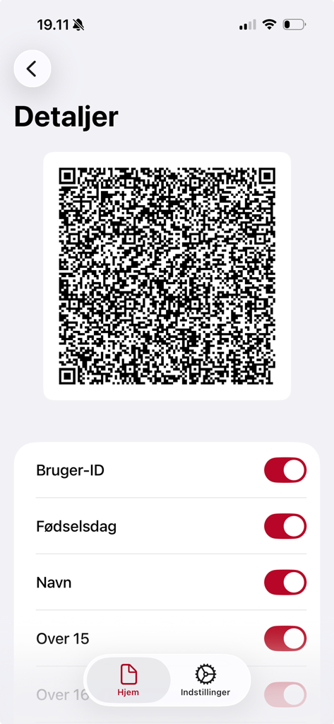 e-Wallet - Tela de código QR de ID digital com opções para compartilhar o nome e a idade do usuário