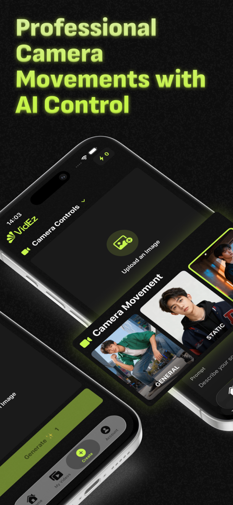 AI Video Generator: Videz - Videz app interface displaying professional AI camera movement controls for cinematic video generation.