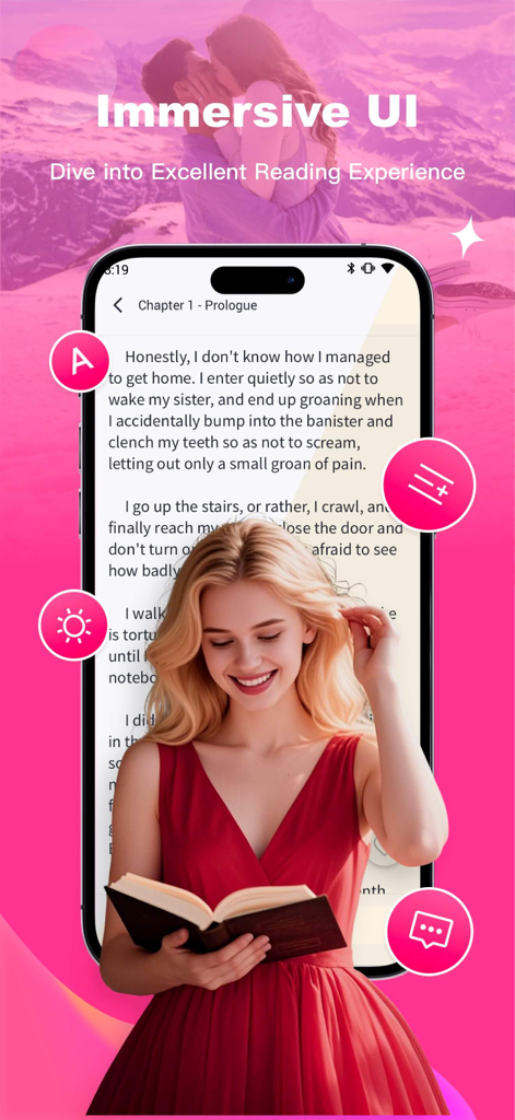 A smartphone showing the Magfic app reading interface with customization icons for font and brightness.