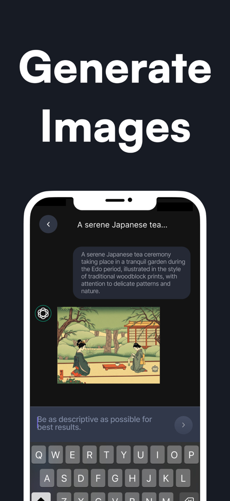 Interfaz de ChatAI Plus mostrando una imagen generada por IA de una ceremonia del té japonesa en estilo de impresión de bloques de madera basada en una indicación del usuario.