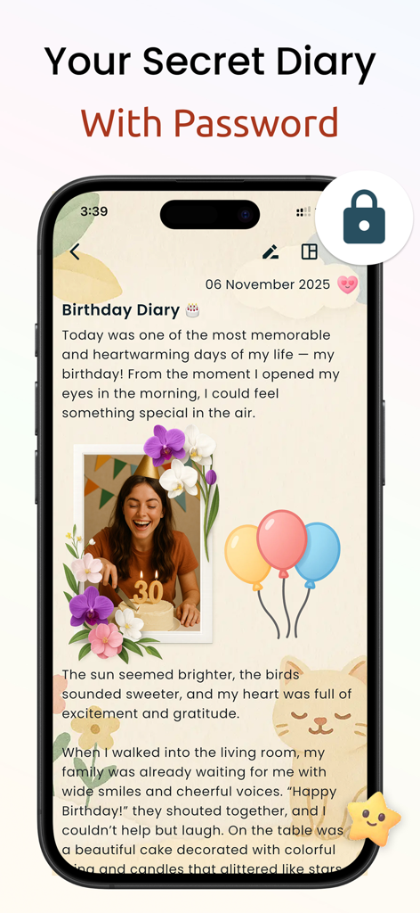 Secret Diary - Private Journal - Entrada de diario de cumpleaños estético con fotos y pegatinas en la aplicación Diario Secreto.