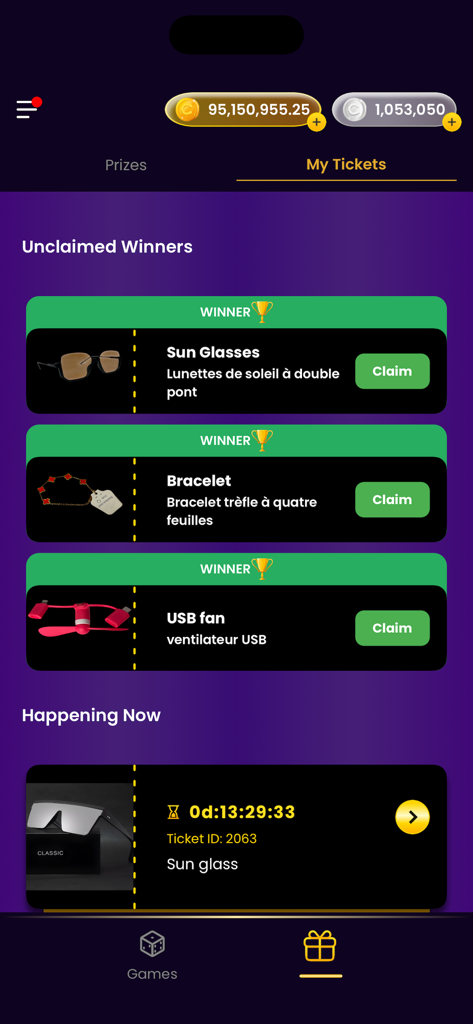 Chance. - Pantalla Mis Boletos de la aplicación Chance que muestra premios no reclamados y sorteos activos