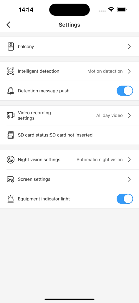 StarEye - StarEye-Mobil-App-Einstellungen-Bildschirm, der Kamera-Konfigurationsoptionen für Bewegungserkennung und Nachtsicht anzeigt.