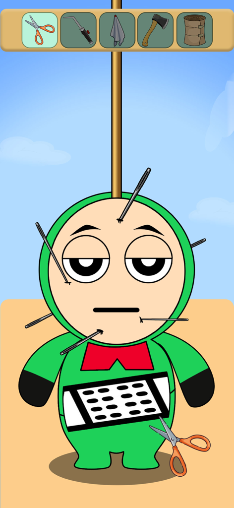 Spooky Monster Transformation - A green cartoon monster character with pins in its face and body being edited with scissors in a mobile game level.