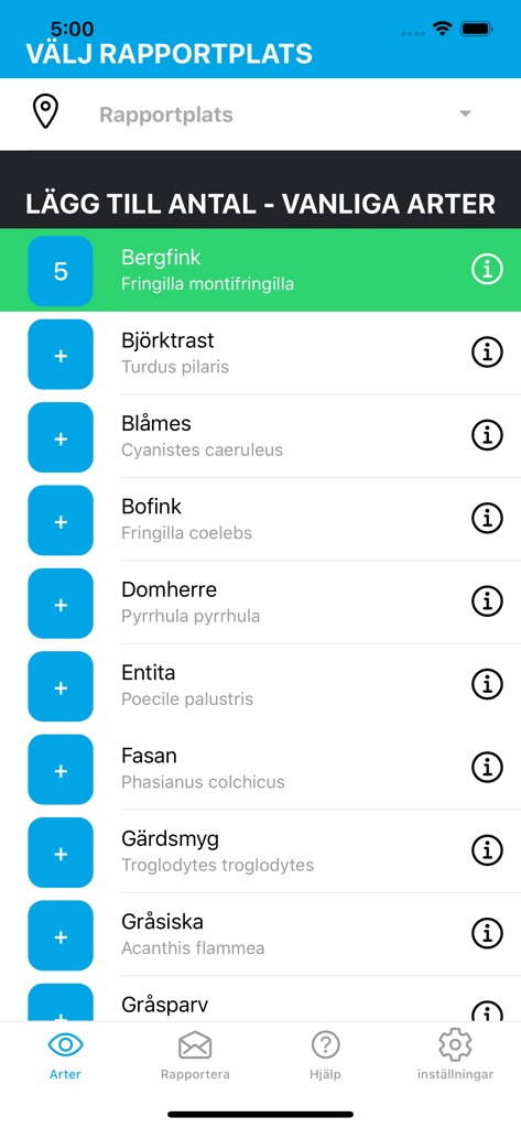 Interface de l'application mobile affichant une liste d'espèces d'oiseaux avec des boutons de comptage pour l'observation des oiseaux d'hiver