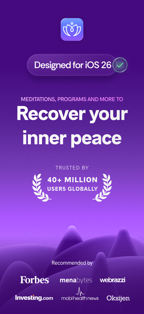 Meditopia 수면 및 명상 앱의 인트로 화면, '내면의 평화 회복' 슬로건과 4,000만 사용자가 신뢰한다는 문구 포함.