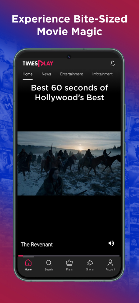 Times Play: Movies,News on OTT - Times Play Mobile App-Oberfläche mit einem kurzen Filmausschnitt aus The Revenant unter der Funktion „Bite-Sized Movie Magic“.