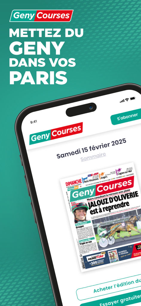 Geny Courses: pronostic quinté - Geny Courses 모바일 앱 인터페이스에 경마 잡지와 베팅 팁 표시