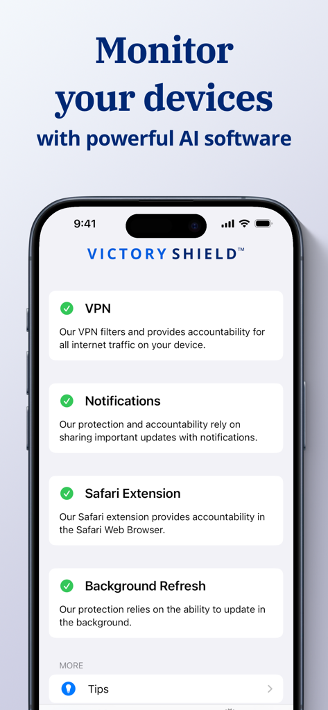 Victory Shield app screen showing active protection features like VPN, Notifications, and Safari Extension with green checkmarks.
