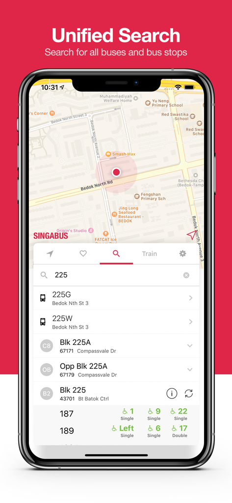 Singabus mobile app interface showing unified search for buses and bus stops with real-time arrival times and map integration