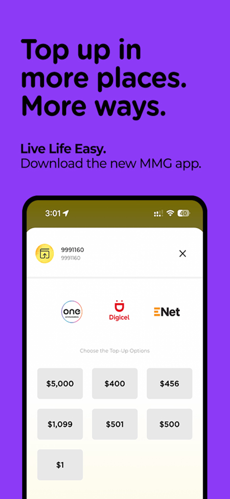 mmg Customer - MMG Customer app interface showing mobile phone top-up options for networks like Digicel and ENet