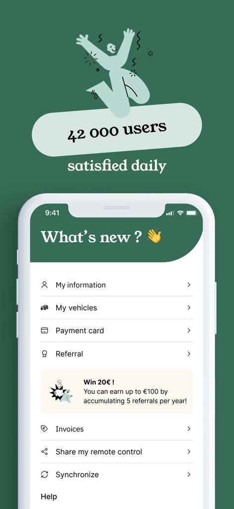 Pantalla de la aplicación móvil Zenpark que muestra la configuración de la cuenta de usuario, vehículos, tarjetas de pago y un programa de referidos para estacionamiento.