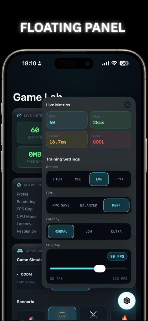 Magic Tuner: 120 FPS & Lag Fix - Floating panel interface showing real-time FPS ping and graphics settings