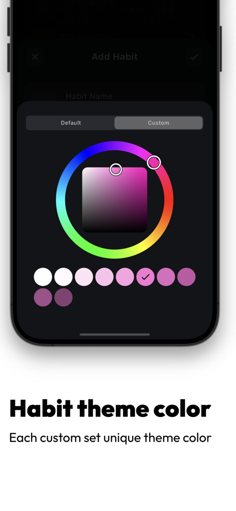 Custom color theme selection interface for habit tracking in the HabitDone app