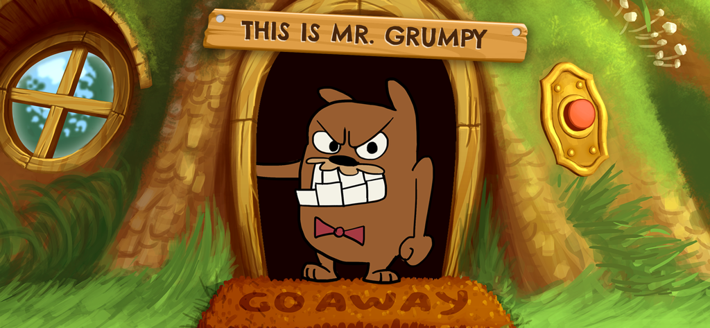 Do Not Disturb! Prank Games - An angry cartoon marmot named Mr. Grumpy standing in the doorway of his hill house with a sign saying This is Mr. Grumpy and a Go Away doormat.