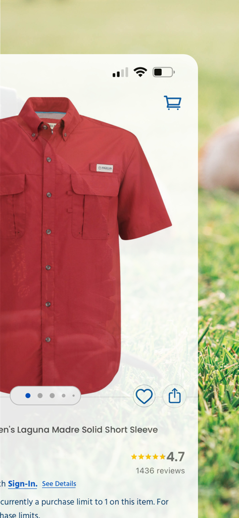 Product page in the Academy Sports app showing a red Magellan Laguna Madre short sleeve shirt with customer reviews and rating.