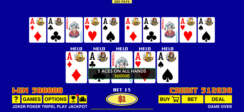 Pantalla de juego de The Classic Video Poker mostrando un premio mayor de cinco ases en Joker Poker Triple Play