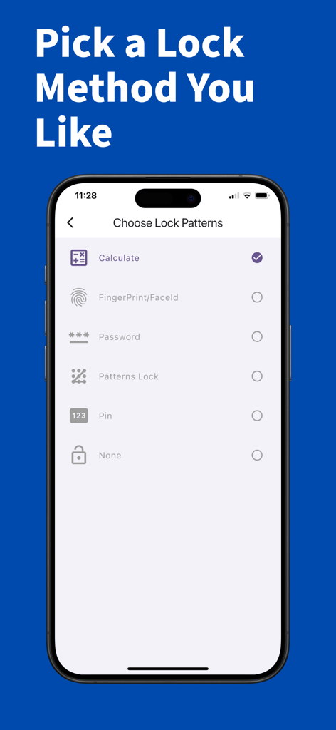 Calculator Vault - Privacy - Tela do celular mostrando várias opções de segurança, incluindo impressão digital, reconhecimento facial, senha, padrão de bloqueio e PIN para o aplicativo Calculator Vault