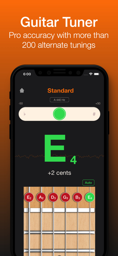 Interfaz de la aplicación Guitar Gravitas que muestra un afinador cromático de guitarra profesional de alta precisión.