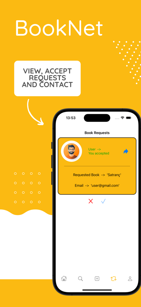 BookNet - Mobile screen of BookNet app showing a book request detail with options to accept and contact for a book swap.
