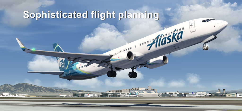 An Alaska Airlines aircraft taking off from an airport in Aerofly FS Global