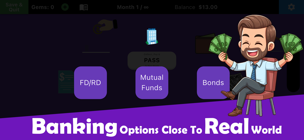 Rat Race 2 - Investing Game - Hombre de negocios de dibujos animados sosteniendo dinero junto a opciones de inversión como Fondos Mutuos y Bonos en la interfaz del juego Rat Race 2.