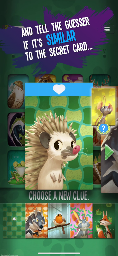 Similo: The Card Game - Ein Gameplay-Bildschirm von Similo, der eine Igelkarte als Hinweis im Tier-Deck zeigt.