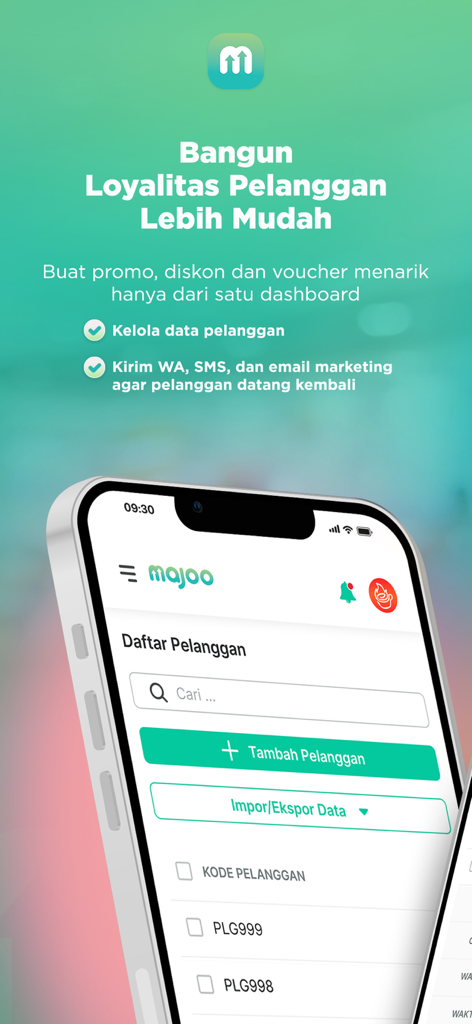 Aplikasi Kasir Wirausaha majoo - majooアプリの顧客データベースとロイヤルティプログラム管理機能を表示するスマートフォン画面