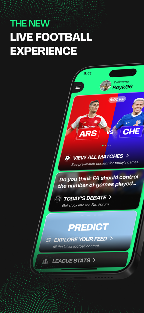 JOSTL app home screen showing an Arsenal versus Chelsea match preview and a football fan debate section.