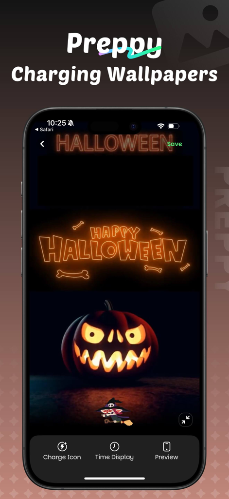 iPhone screen showing a Halloween charging wallpaper with a glowing jack o lantern