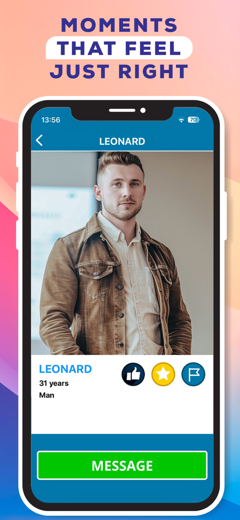 Harmonia Chat - Fall in Love - Écran de profil dans l'application Harmonia Chat montrant la photo d'un homme et un bouton de message.