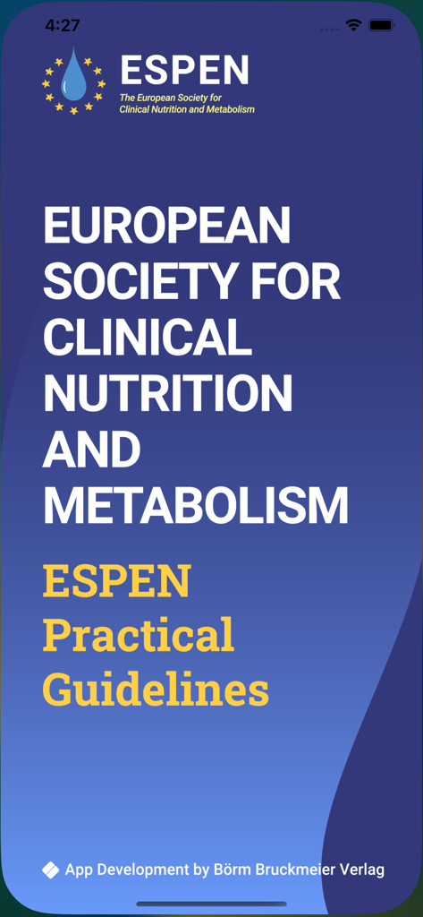ESPEN Guidelines - Pantalla de inicio de la aplicación Guías Prácticas ESPEN para nutrición clínica y metabolismo