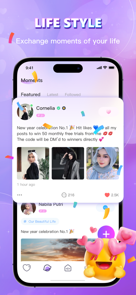 HATI: NGL, Chat, Voice Party - A mobile screen from the HATI app displaying a social moments feed with user photos and engagement statistics.