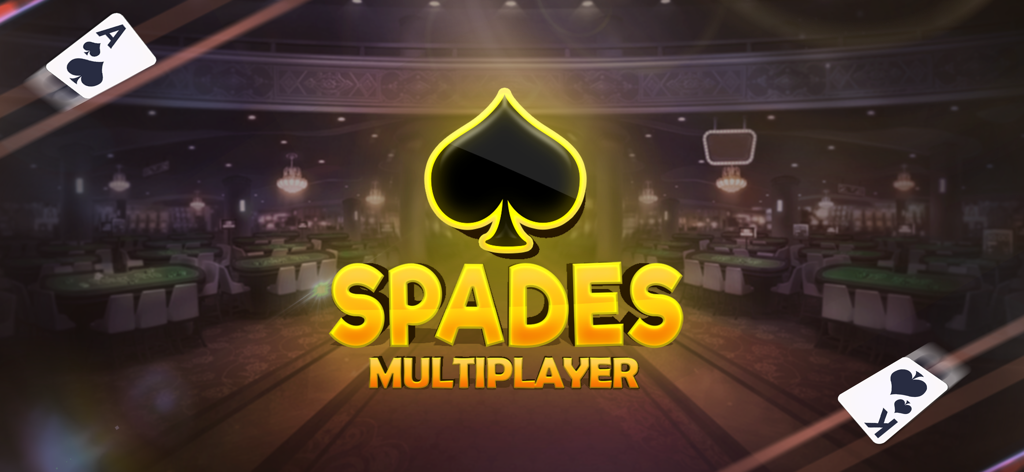 Spades Multiplayer - Tela de título do jogo Spades Multiplayer com texto dourado em 3D e um grande ícone de espadas contra um fundo de cassino com mesas de cartas.