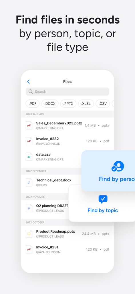 Zenzap: Professional Work Chat - Mobile app interface showing how to search for business files by person, topic, and file type in Zenzap.