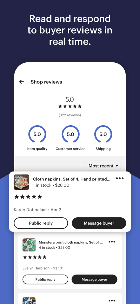 Etsy Seller: Manage Your Shop - Etsy Verkäufer App-Oberfläche, die Kundenbewertungen und -ratings mit Optionen zur Beantwortung von Käufern anzeigt
