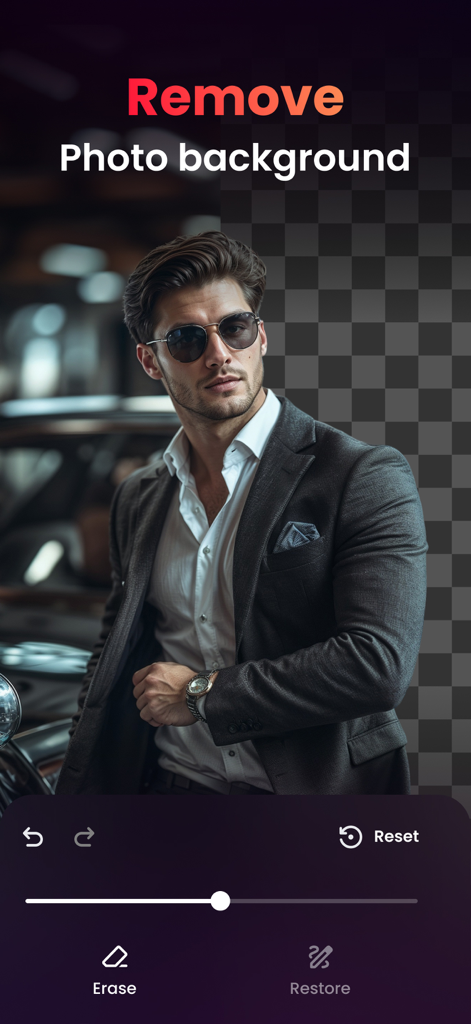 A man in a suit with a partially removed background demonstrating the AI background removal feature in the PhotoX app.