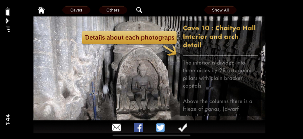 Detailed interior view and architectural information of Ellora Cave 10 Chaitya Hall within the app