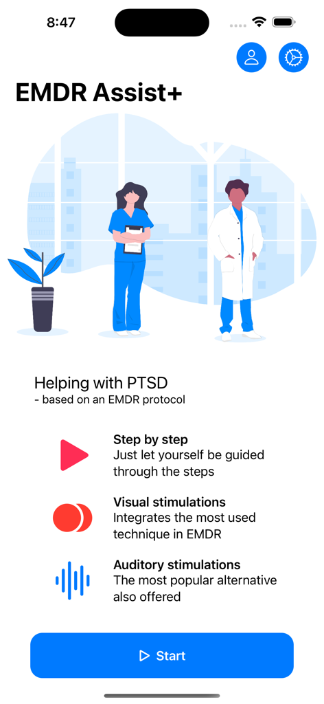 EMDR Assist+ - Tela inicial do aplicativo EMDR Assist plus exibindo recursos de recuperação de TEPT e um botão Iniciar
