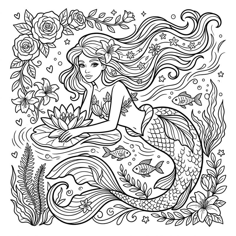 Discover tranquility with this beautiful spring mermaid coloring page, thoughtfully designed for seniors. Immerse yourself in a refreshing underwater world adorned with blooming flowers and graceful aquatic life.