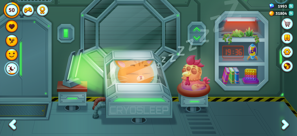Orange virtual cat Bubbu sleeping in a cryosleep pod on a Mars space station with a chicken companion.