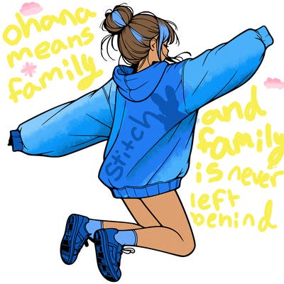 realistic girl jumping with a bun and oversized sweatshirt