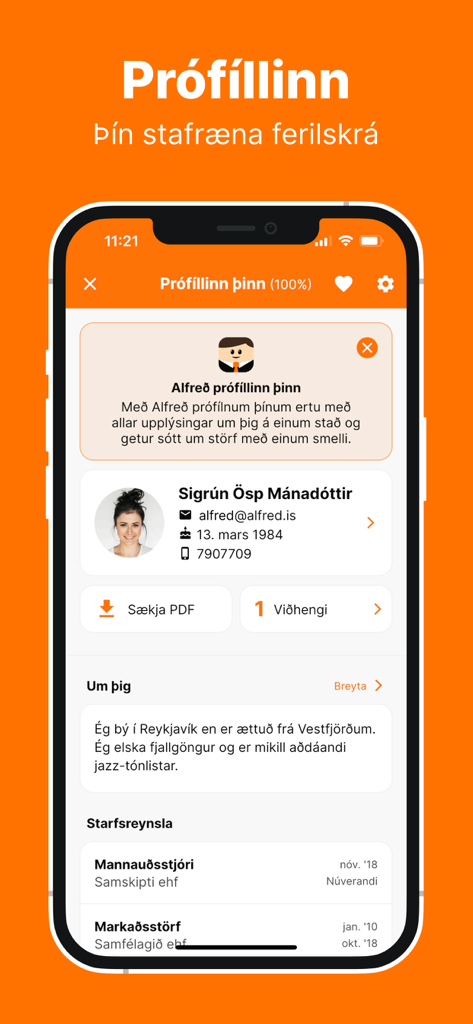 Ein Benutzerprofil und eine digitale Lebenslaufseite in der mobilen Alfred-Jobsuche-App